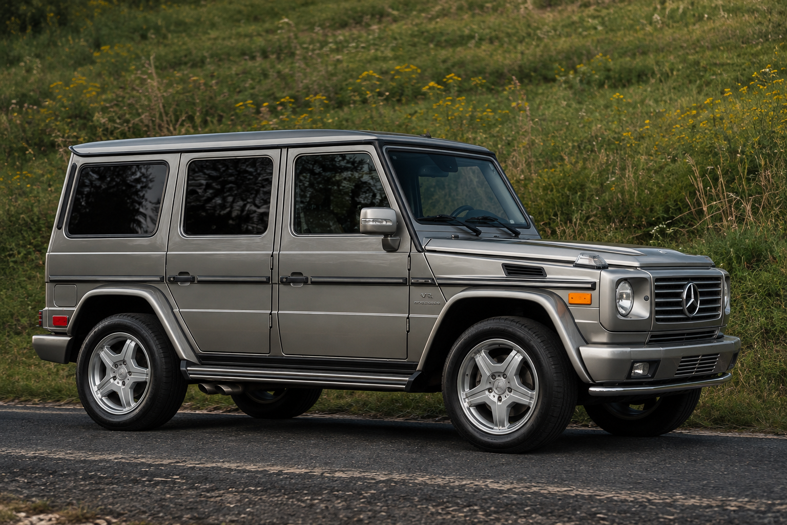 Our Pewter Silver 2005 Mercedes-Benz G55 AMG beside a grassy country road